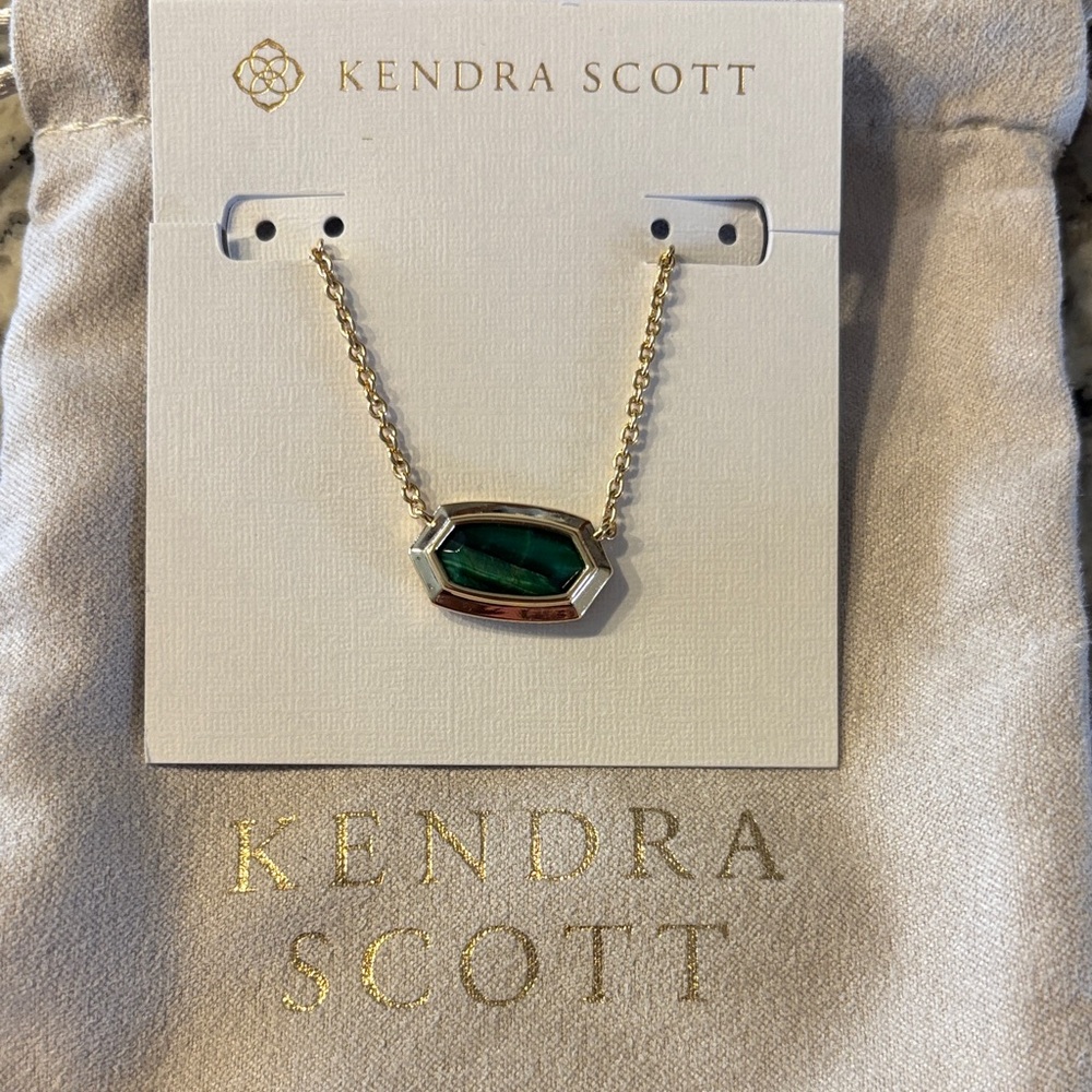 Kendra Scott Elisa Bezel Green Tiger’s Eye Gold Pendant Necklace New